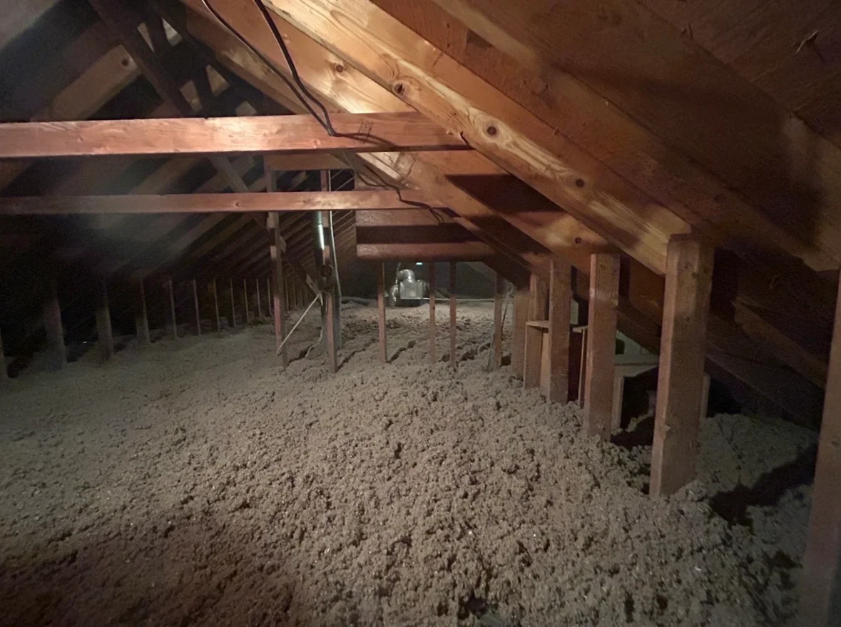 Attic interior with exposed wooden beams and joists, contaminated insulation removed, bare subfloor visible