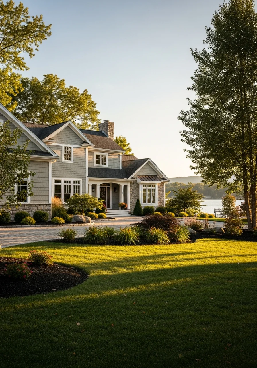 Portrait-style photo of a Canandaigua lakefront home with water views and well-maintained exterior grounds.