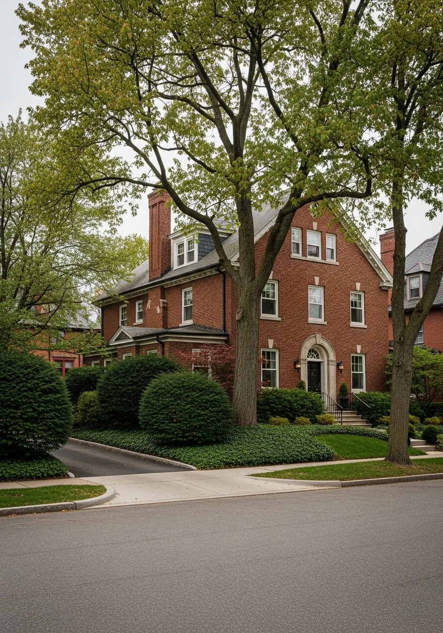 Close-up of a well-maintained Rochester home exterior with classic architectural details and a manicured front yard.