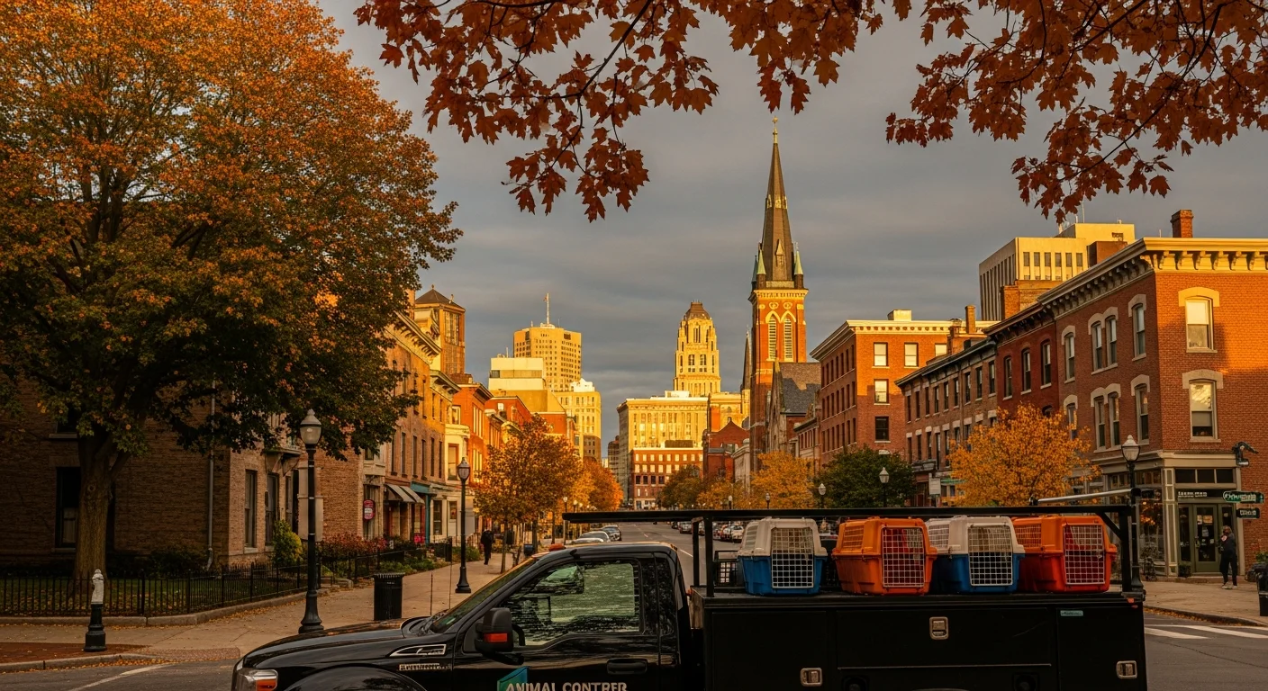 Wide view of Rochester's downtown skyline and historic neighborhoods with tree-lined streets and mixed residential and commercial buildings.