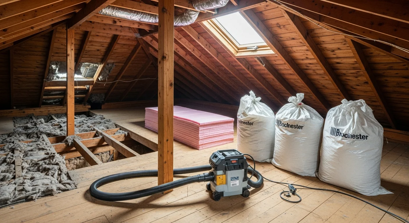 Rochester NY attic interior showing fresh insulation installed after wildlife contamination removal by JN Wildlife Solutions. Clean attic framing and treated surfaces visible after raccoon and rodent waste cleanup.