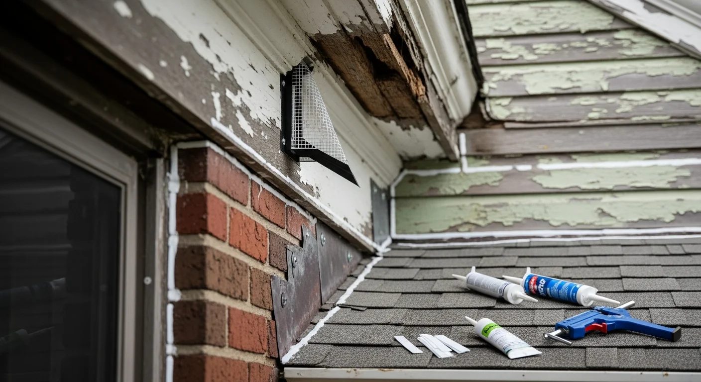 A wildlife technician inspecting the roofline of an older Rochester, NY home for bat entry points along the soffit and fascia boards. A one-way exclusion device is installed at a sealed gap near the eave to allow bats to exit without re-entering.
