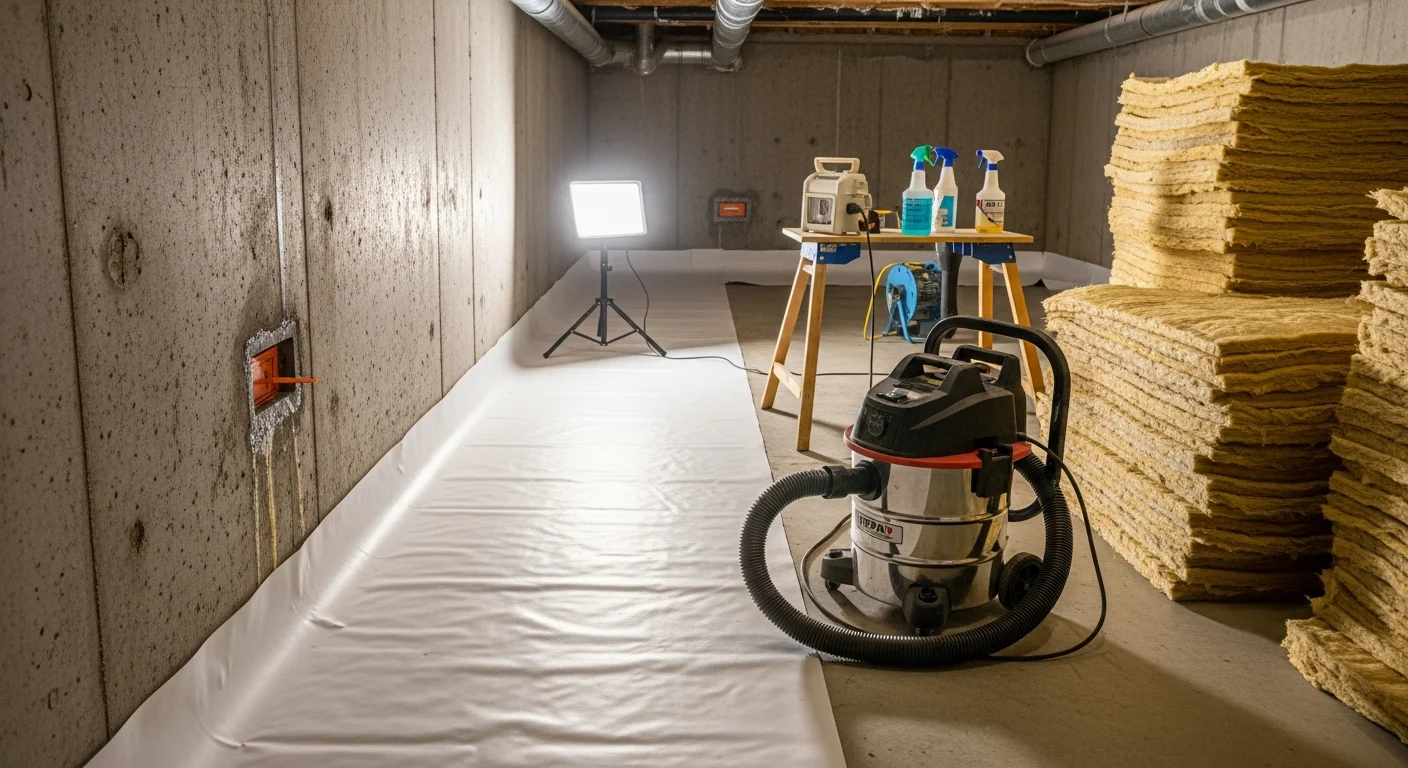 Restored crawlspace beneath a Rochester, NY home showing clean vapor barrier installation and sealed entry points after wildlife damage removal. The space is dry, clear of debris, and free of damaged insulation.