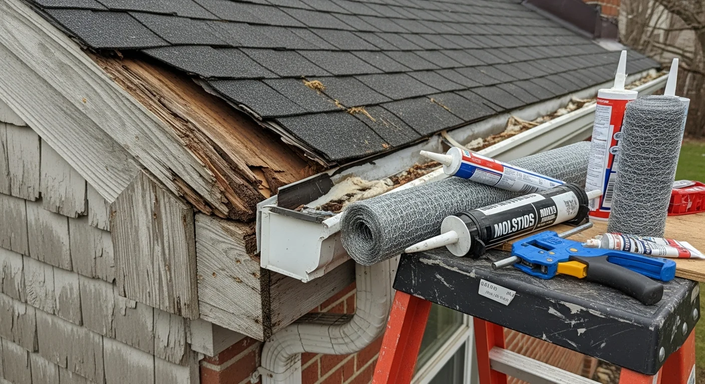 A wildlife exclusion technician sealing a gap along the roofline soffit of an older Rochester, NY home. Closed vent covers and sealed fascia edges are visible as part of a completed entry point sealing service.