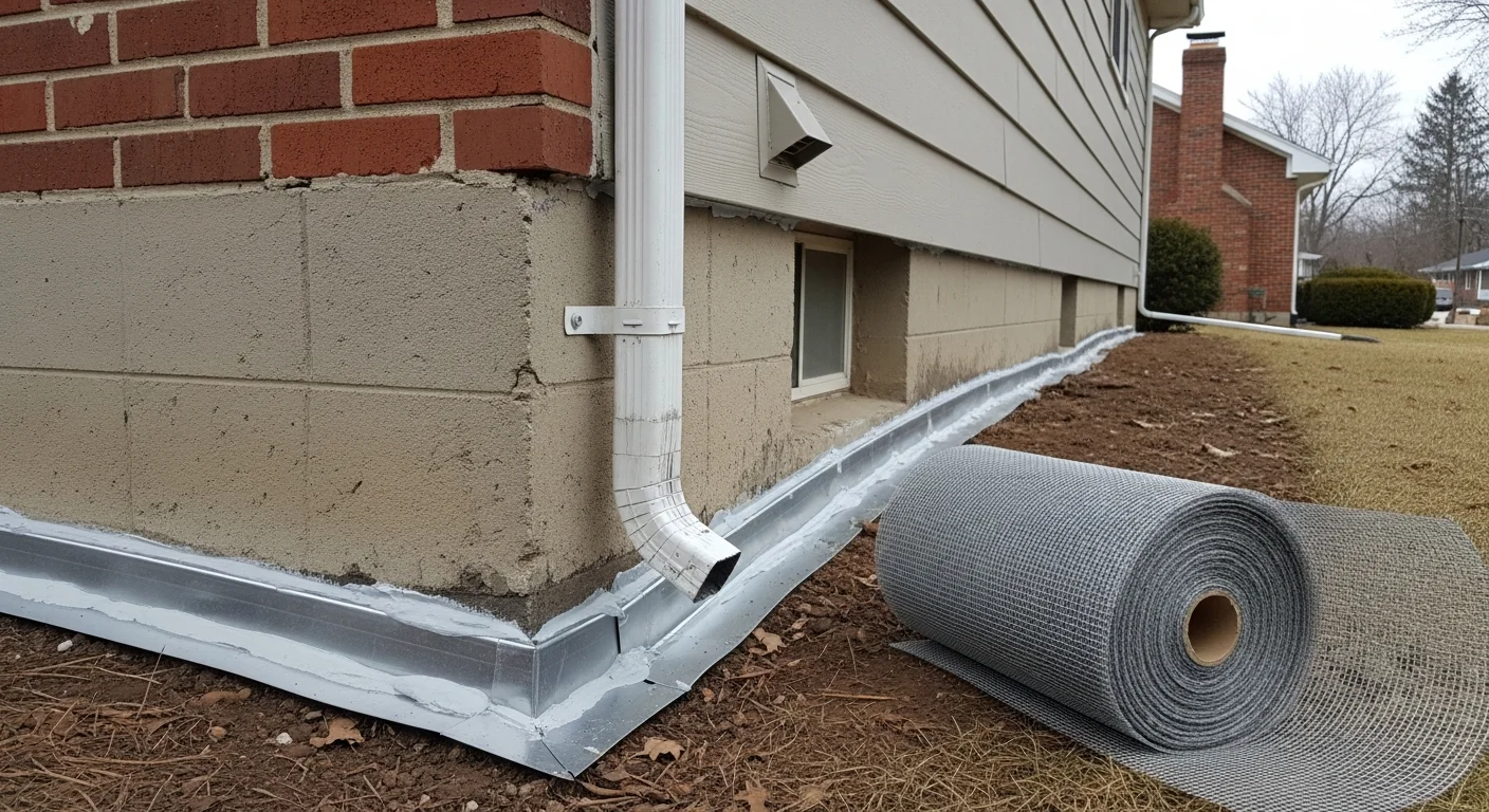 Exterior view of a Rochester, NY home with sealed soffit vents and roofline gaps following a full home exclusion service. Close-up shows professionally finished entry point repairs along the fascia and foundation.