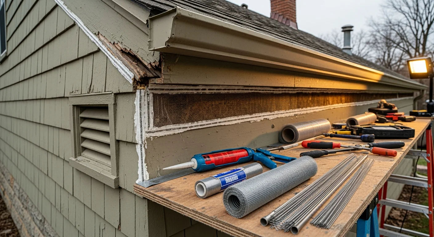 A wildlife exclusion technician sealing a gap along the roofline soffit of an older Rochester, NY home. Repaired vent screens and sealed fascia edges are visible on the exterior of the house.