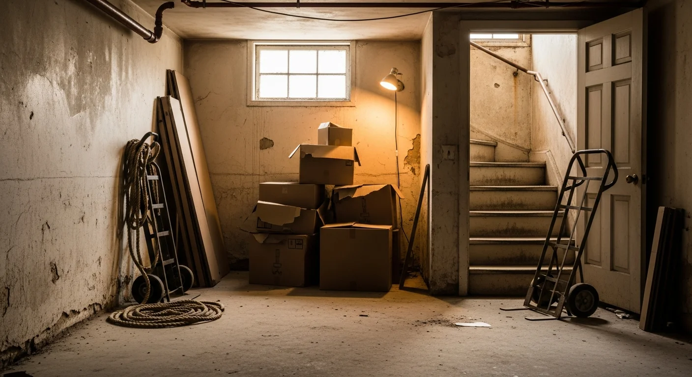 A cleared residential basement in a Rochester, NY home after full-service junk removal, with old furniture and appliances removed and the concrete floor visible. A JN Wildlife Solutions truck is parked in the driveway outside the property.