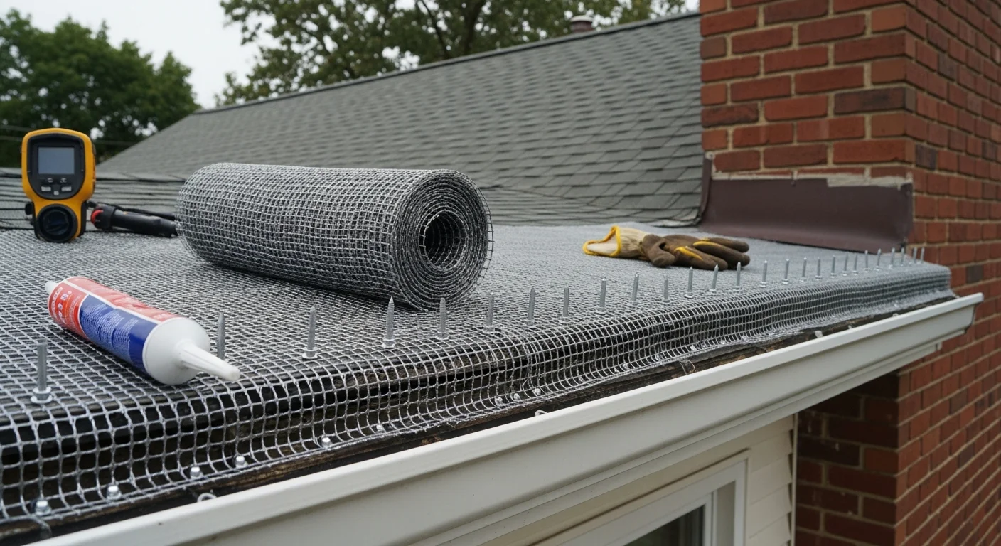 A wildlife technician inspecting a damaged soffit on a Rochester, NY home where raccoons gained attic entry. Close-up view of a sealed roofline vent after professional raccoon exclusion work.