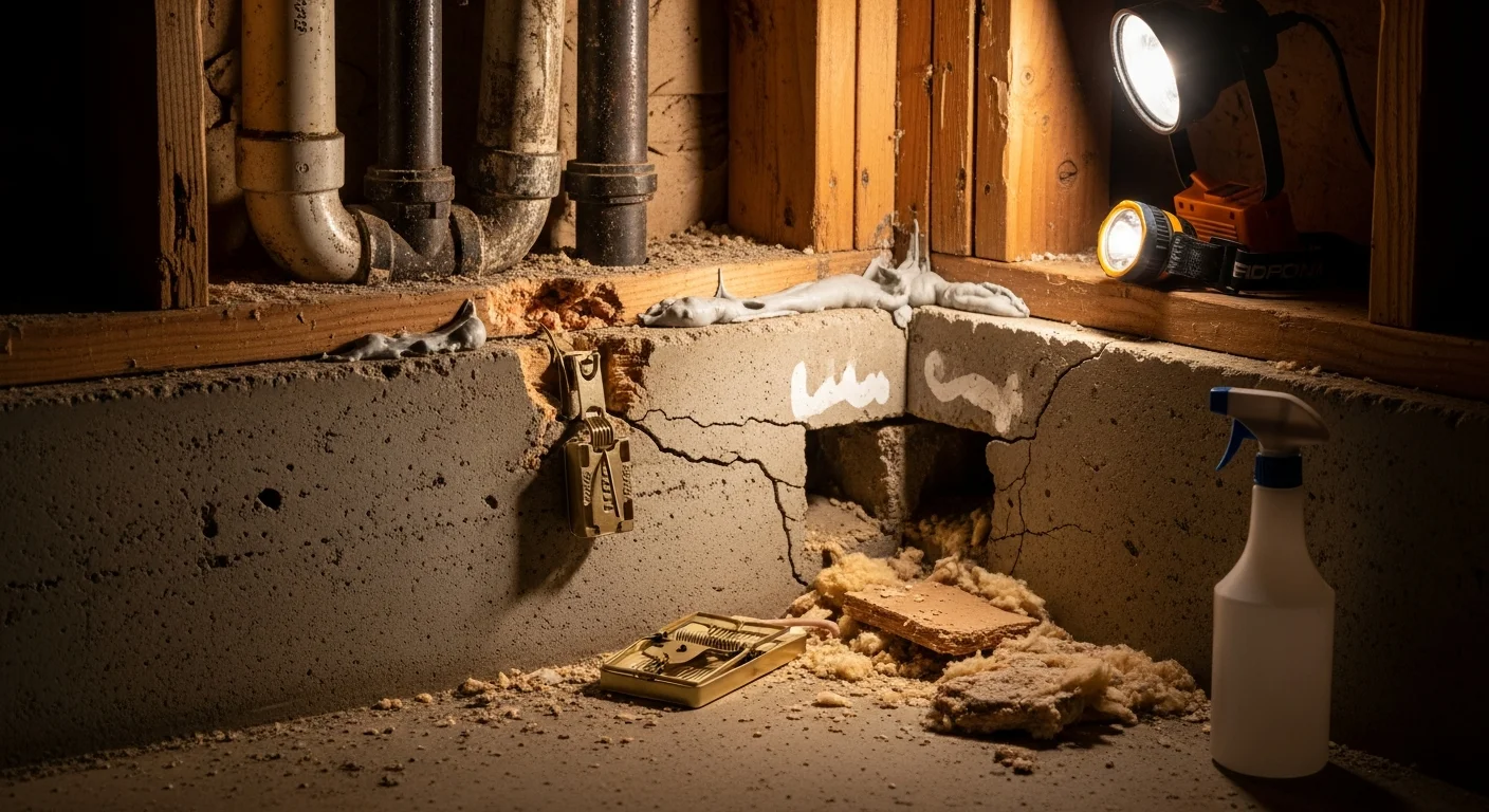 A wildlife control technician inspecting a Rochester home's basement foundation for rat entry points along a cracked concrete wall. Close-up view shows a sealed gap near a utility pipe after professional rat exclusion work.