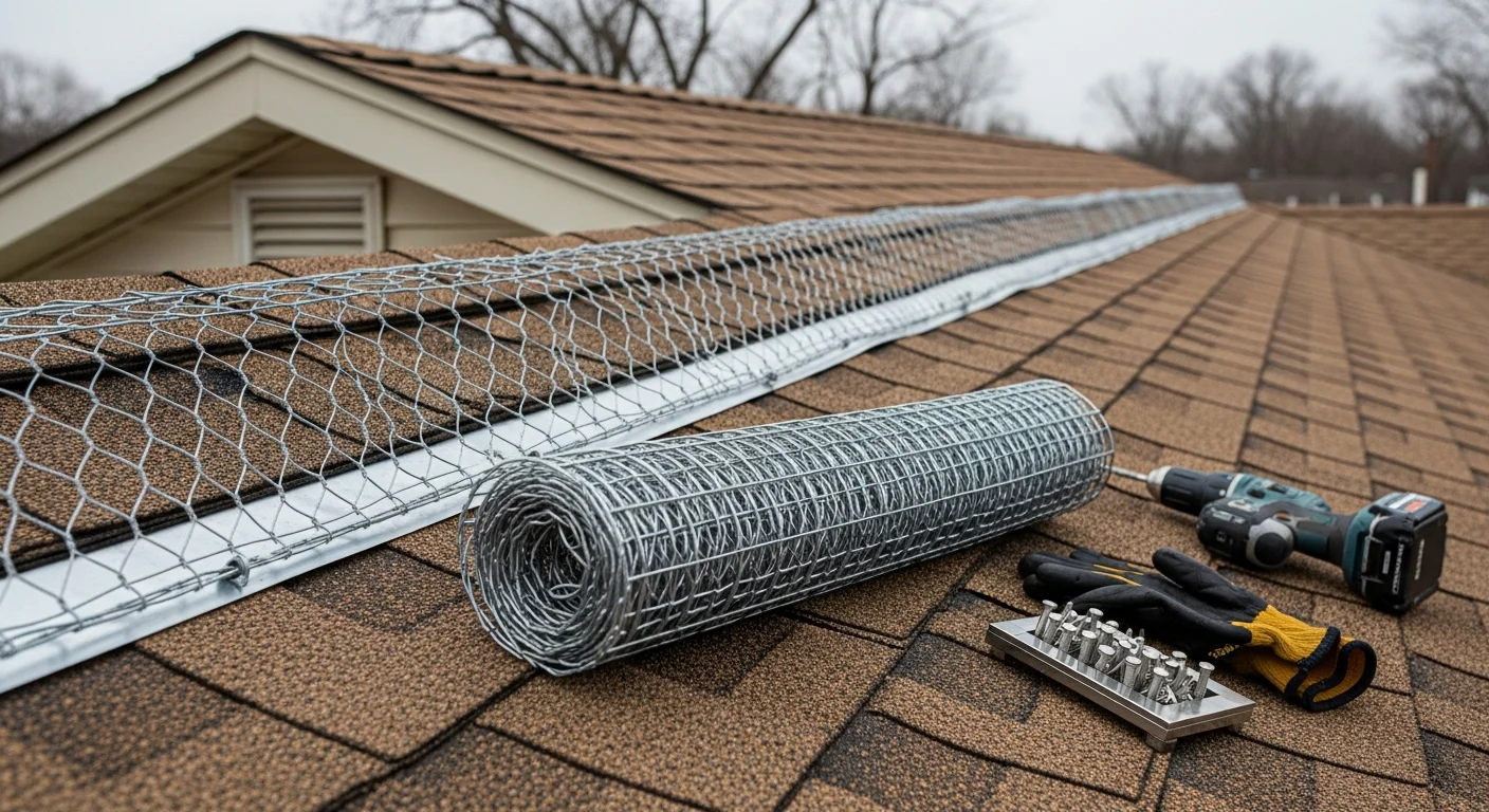 A close-up view of a wire mesh ridge vent guard installed along the peak of a residential roof in Rochester, NY. The guard runs the full length of the ridge vent, blocking the gap between the vent and the roof deck without covering the shingles.