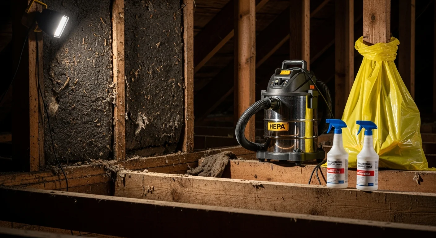 Attic space in a Rochester, NY home showing removed rodent-contaminated insulation and cleaned wood framing after professional rodent contamination cleanup. The cleared attic floor reveals bare joists ready for fresh insulation installation.