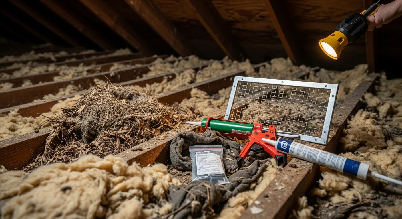 A wildlife technician inspecting a roofline gap on a Rochester, NY home during a squirrel removal service call. Chewed fascia board and a sealed soffit vent are visible near the entry point.